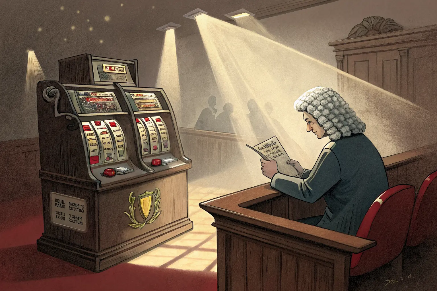 A chrome slot machine in a judge's wig points an accusing arm at a nervous student holding a handwritten essay