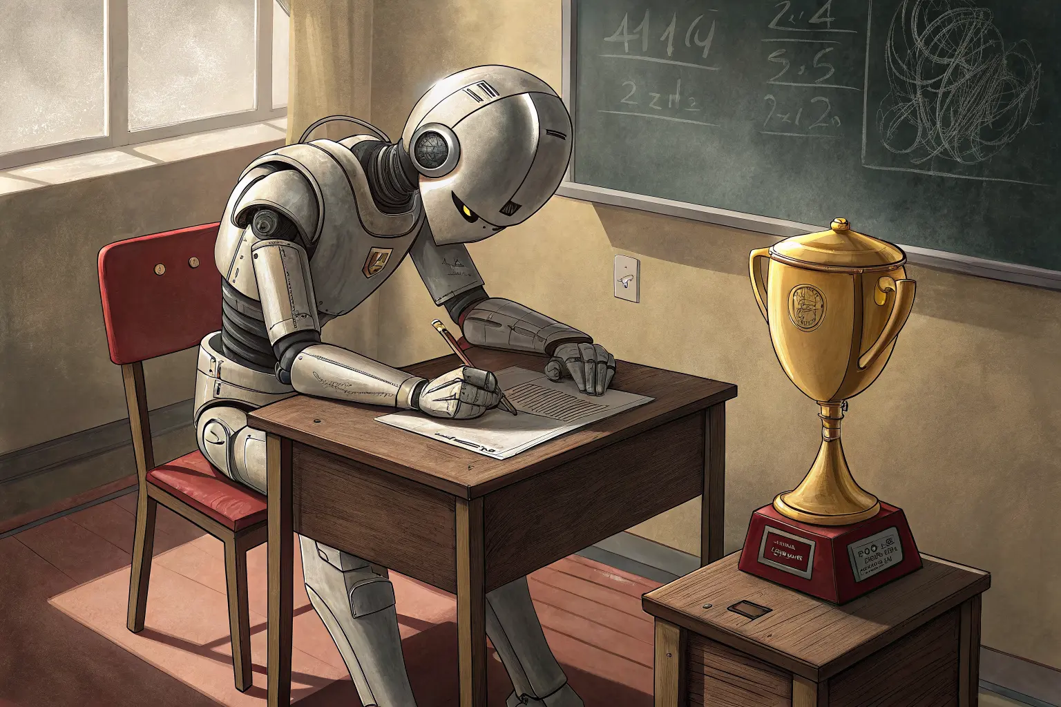 A humanoid robot cramped into a tiny school desk taking an exam, peeking at a hidden answer key, a giant gold trophy already beside it