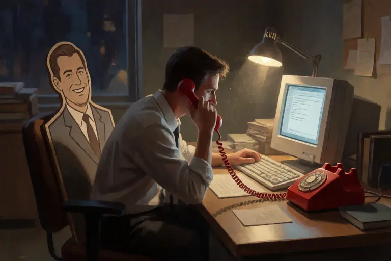 A lone business owner at night presses a red telephone receiver to his ear, its cord plugged into a glowing monitor while an empty chair holds a cardboard cutout of a grinning salesman
