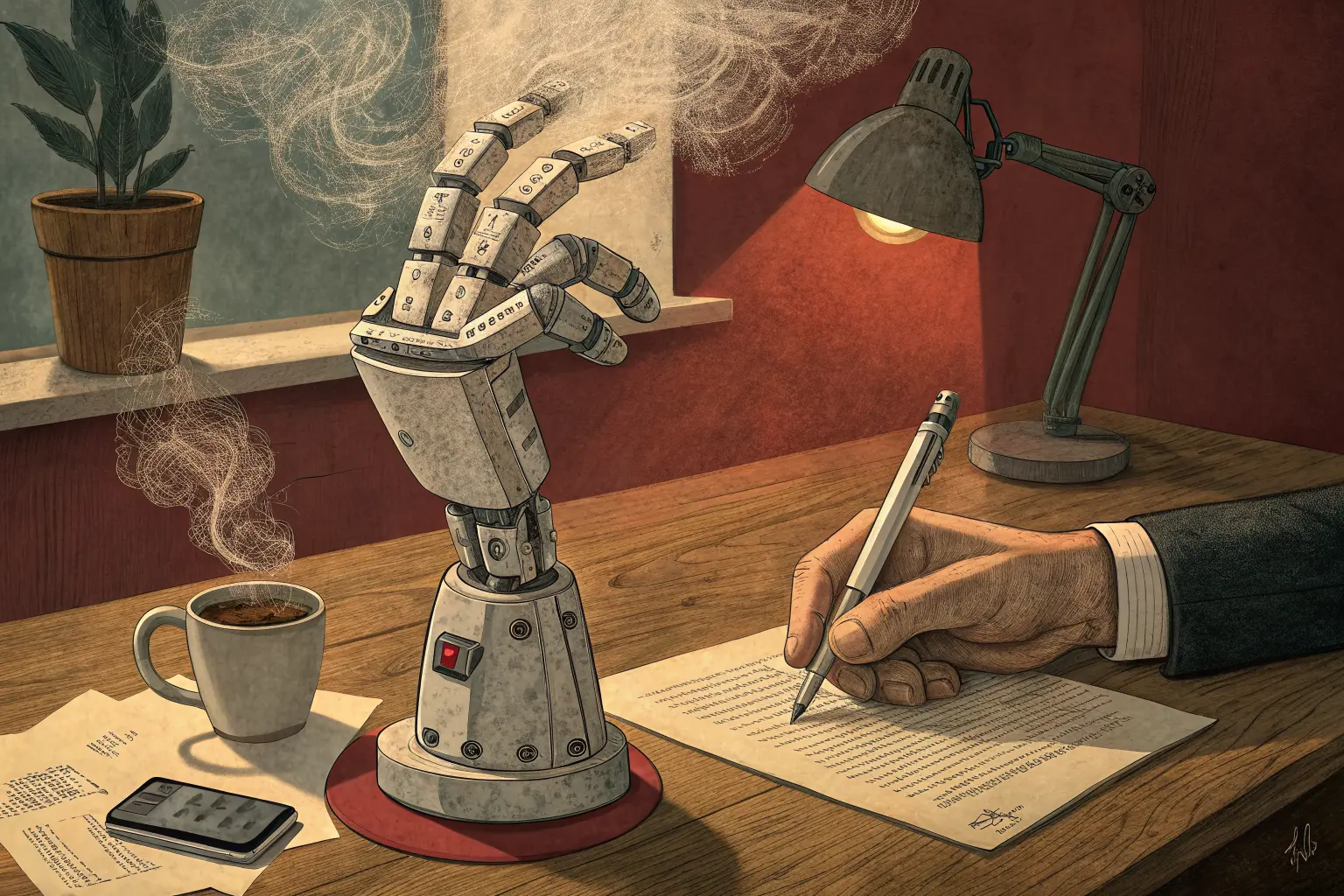 A brand-new chrome office robot arm on a desk, draped in cobwebs and dust, while a human hand beside it fills out a paper form by hand