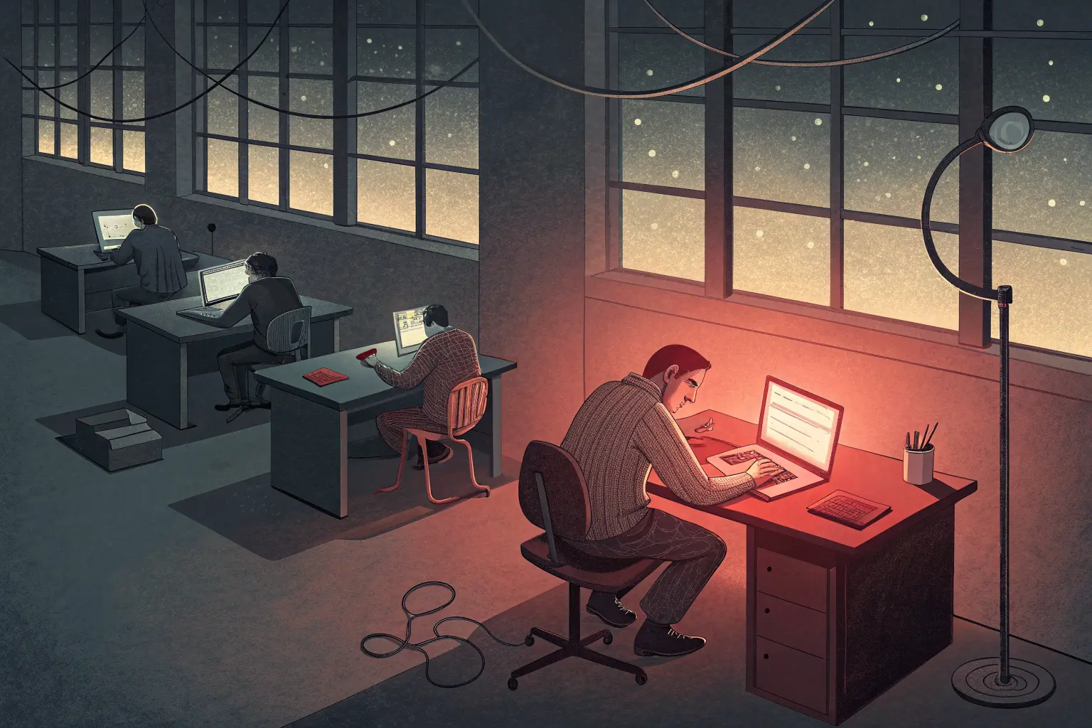 A five-person shop where every pipe and cable in the building funnels into one employee's open laptop while the other four desks sit dark