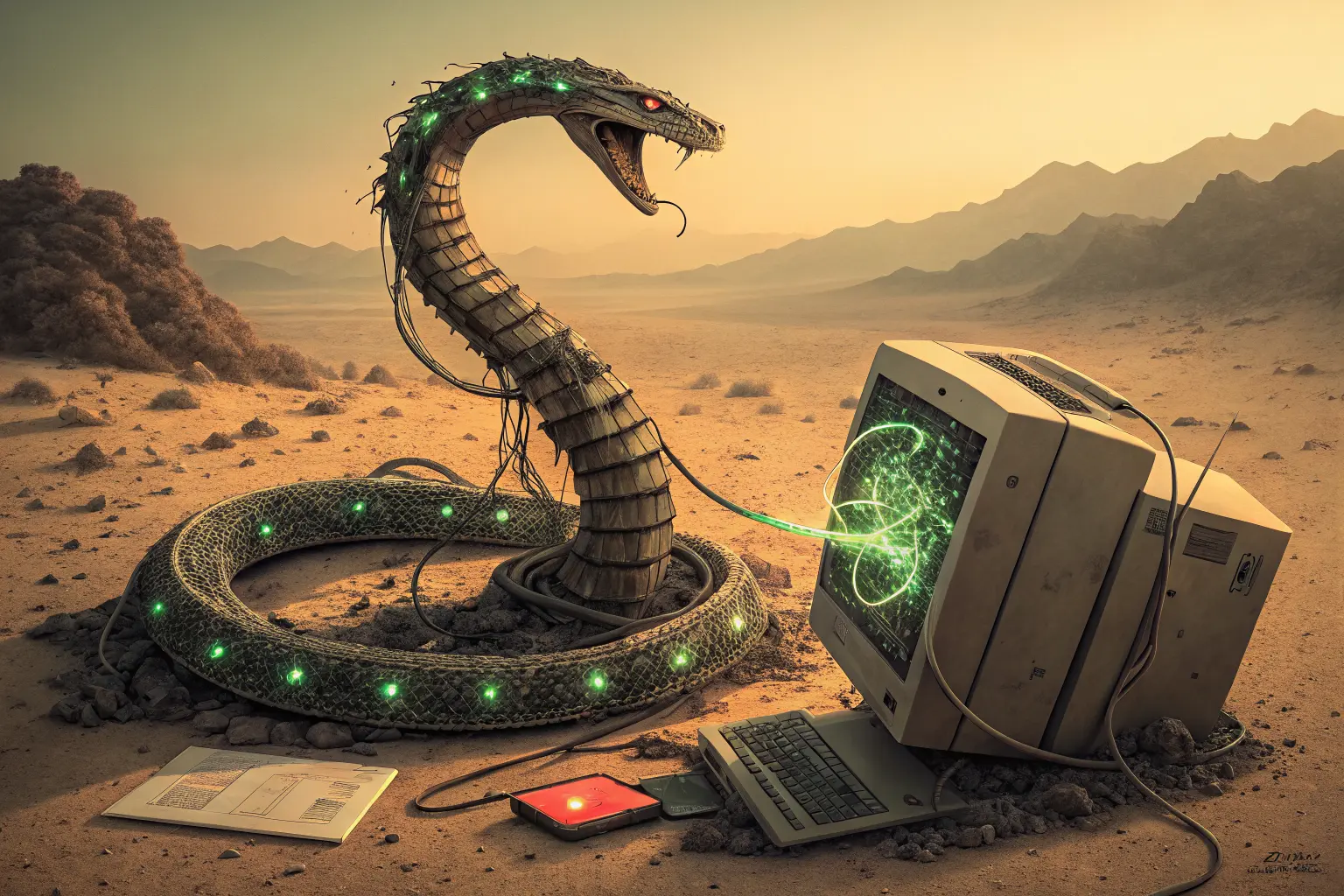 A serpent made of ethernet cables eating its own tail, coiled around a dead monitor in a desert of shredded paper