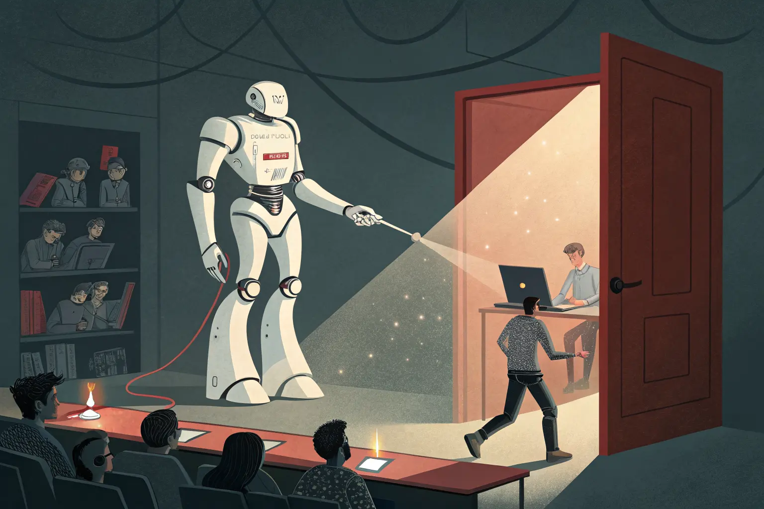 A humanoid robot on a spotlit stage with its chest open, revealing a cramped room of workers at laptops pulling levers