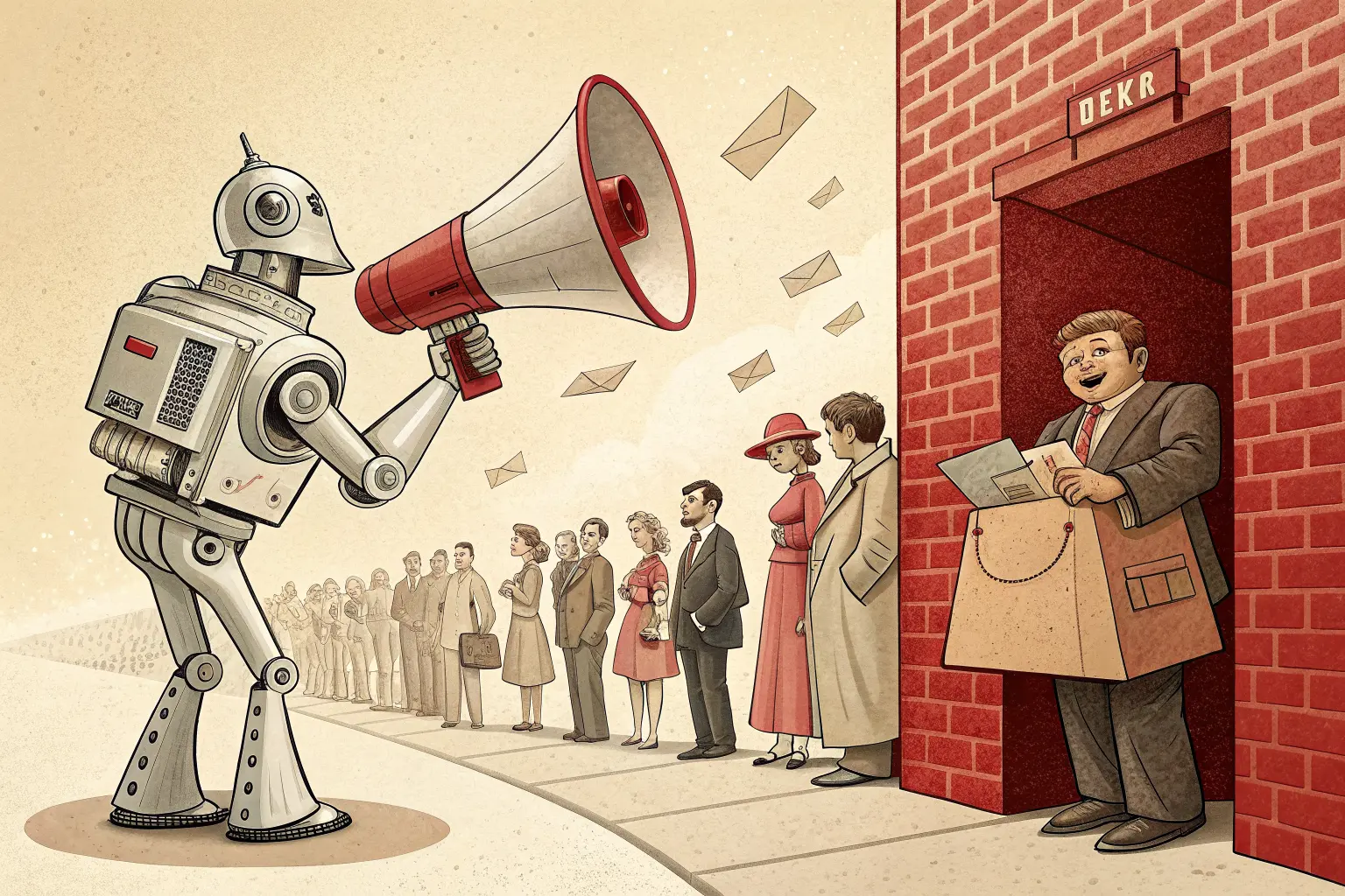 A cheerful robot shouting through a giant megaphone at a line of customers while their reply letters tumble into a bottomless mailbox